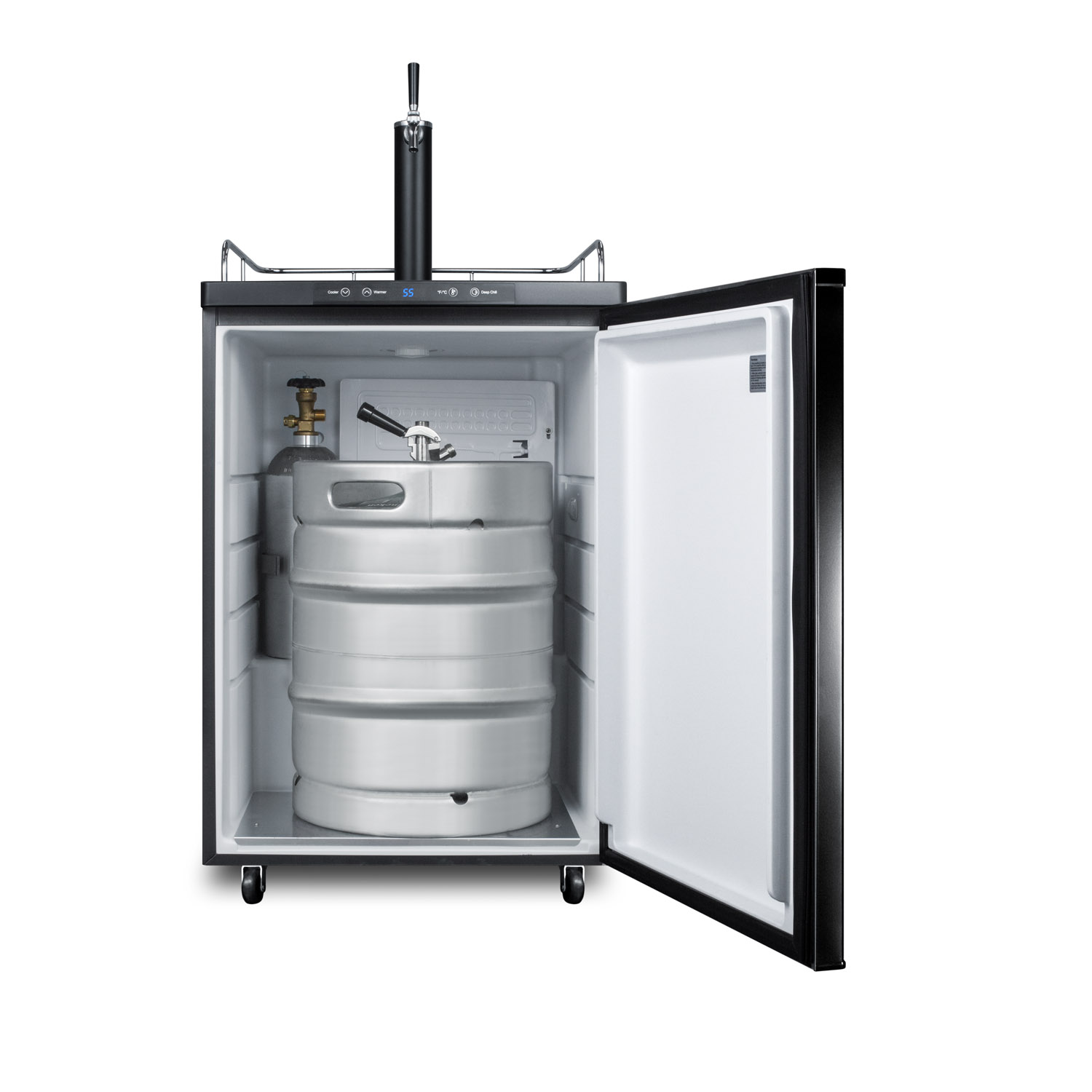 Freestanding residential beer dispenser, auto defrost with digital thermostat, 2.5 lb. CO2 tank, and single tap kit in black exterior finish
